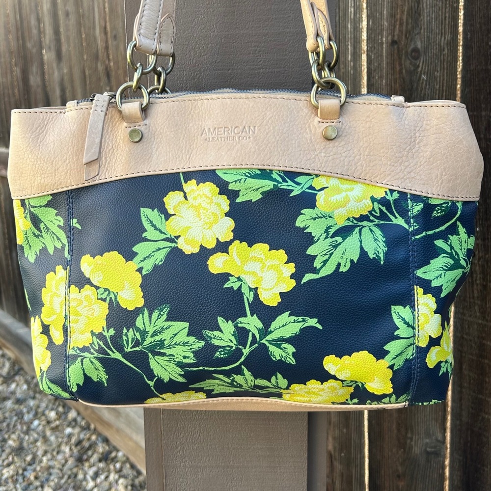 American Leather Co Floral Leather Satchel Tote Navy Yellow Tan Shoulder Bag